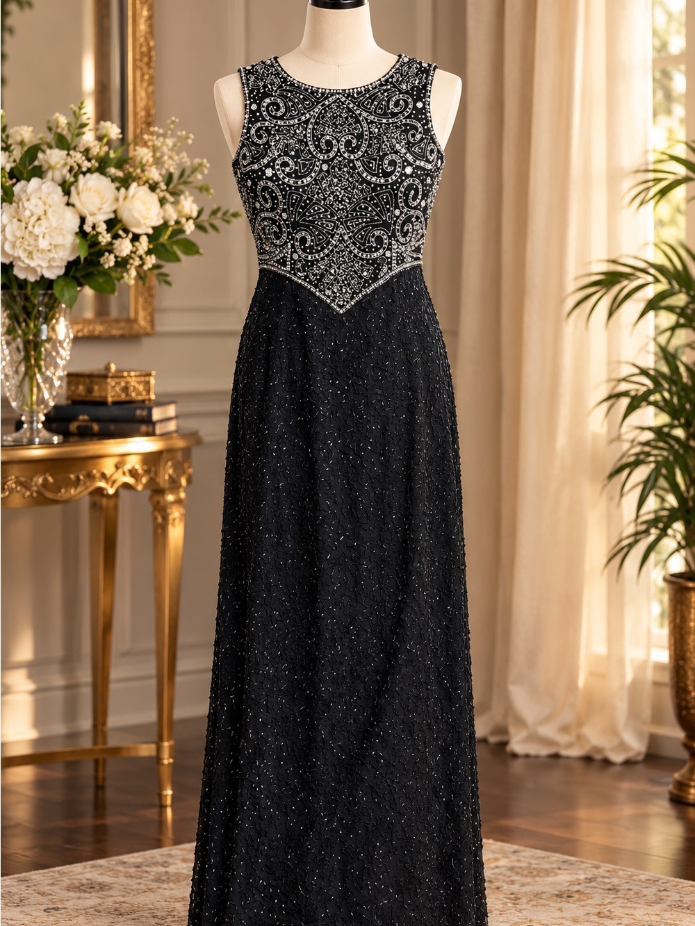 Laurence Kazar Black Beaded Sleeveless Maxi Gown